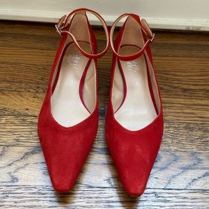 Red Suede Franco Sarto Pointy Toe Ankle Strap Flats